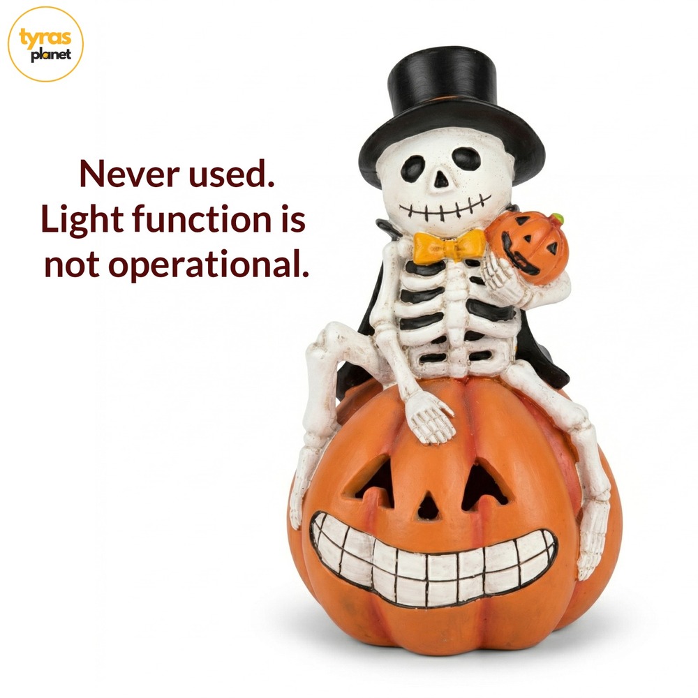 Halloween Skeleton Figurine on Jack-O-Lantern with Top Hat Pumpkin 8in
